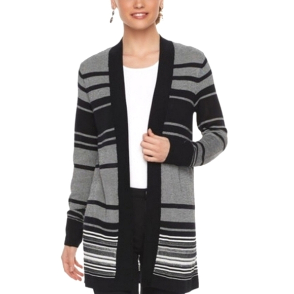 APT 9 Gray & Black Light Weight Long Sleeve Knit Striped Cardigan Sweater Large - Picture 1 of 8